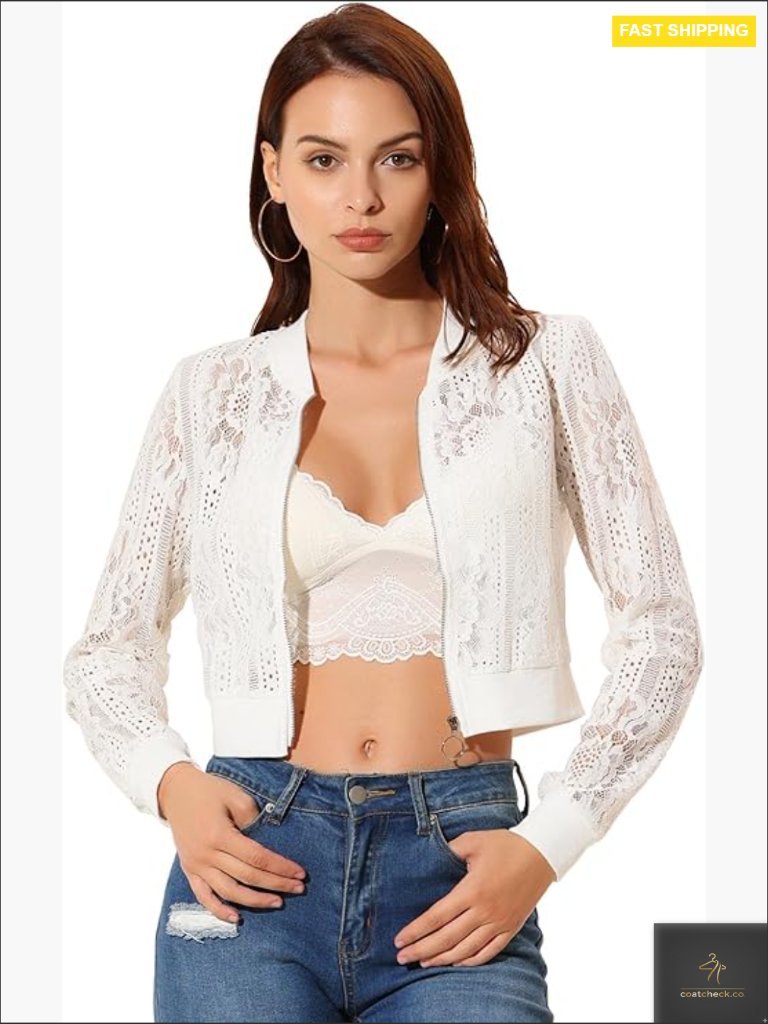 Crop Jacket Stand Collar Zip Up Sheer Lace Lightweight Baseball Jacket Long